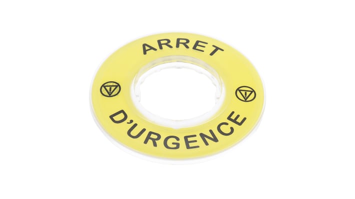 Piastra per legenda contrassegnata 3D Schneider Electric ZBY9120 per pulsanti con testa a fungo Harmony XB4/XB5. Ideale per arresto di emergenza.