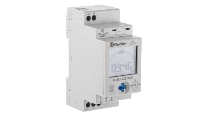 Finder 12.81.8.230.0000 NFC, temporizzatore digitale per guida DIN, 1 canale, 110-230 V, programmazione settimanale, dimensioni 88.8 x 60.8 mm.