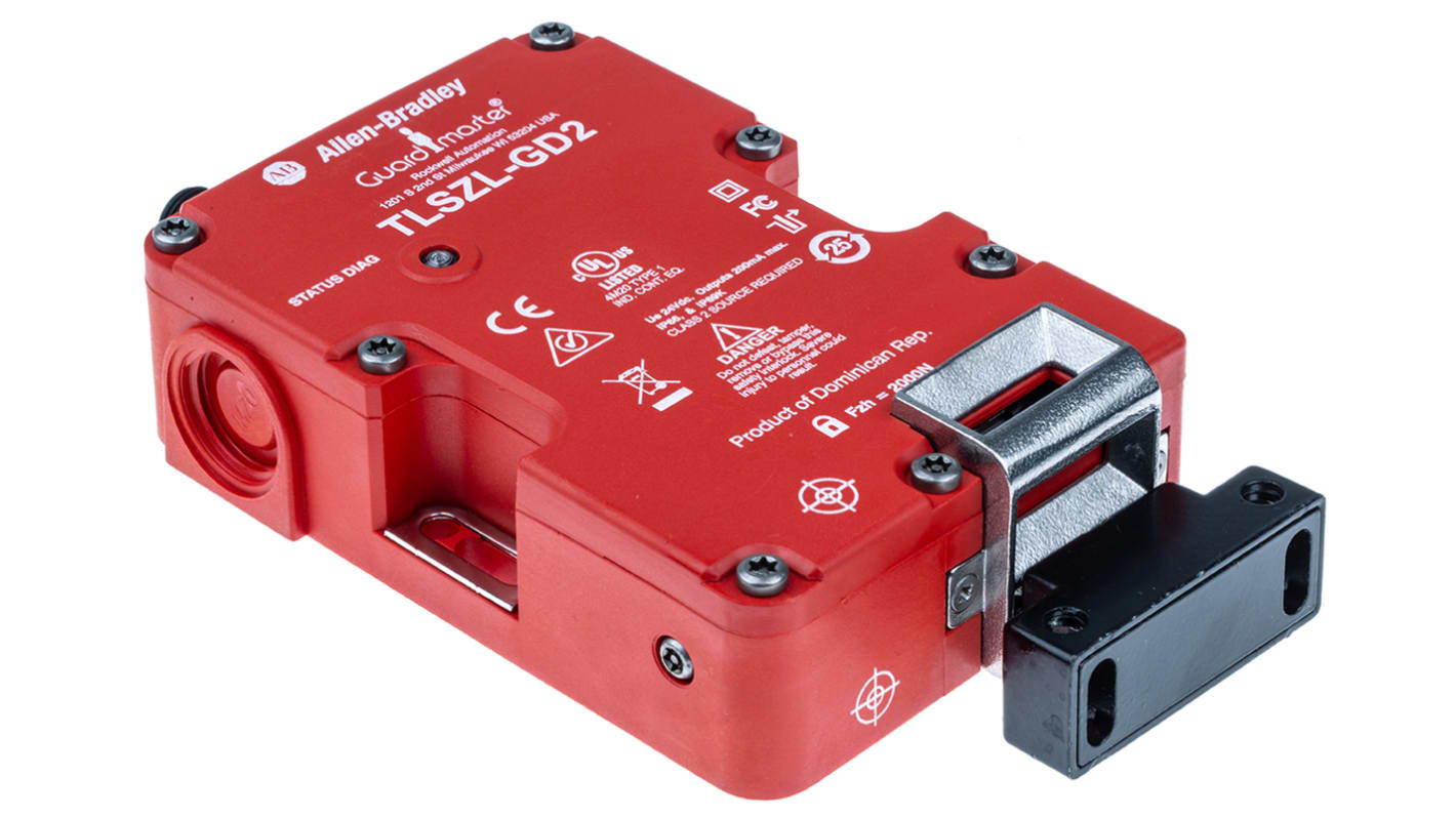 Interruttore di interblocco a solenoide Allen Bradley Guardmaster 440G-TZS21UPLH, 24V cc, IP66/IP69K, dimensioni 92x39x126 mm.