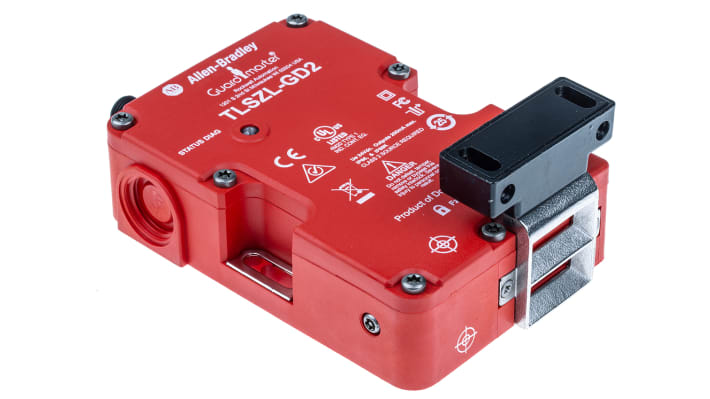 Interruttore di interblocco a solenoide Allen Bradley Guardmaster 440G-TZS21UPLH, 24V cc, IP66/IP69K, dimensioni 92x39x126 mm.