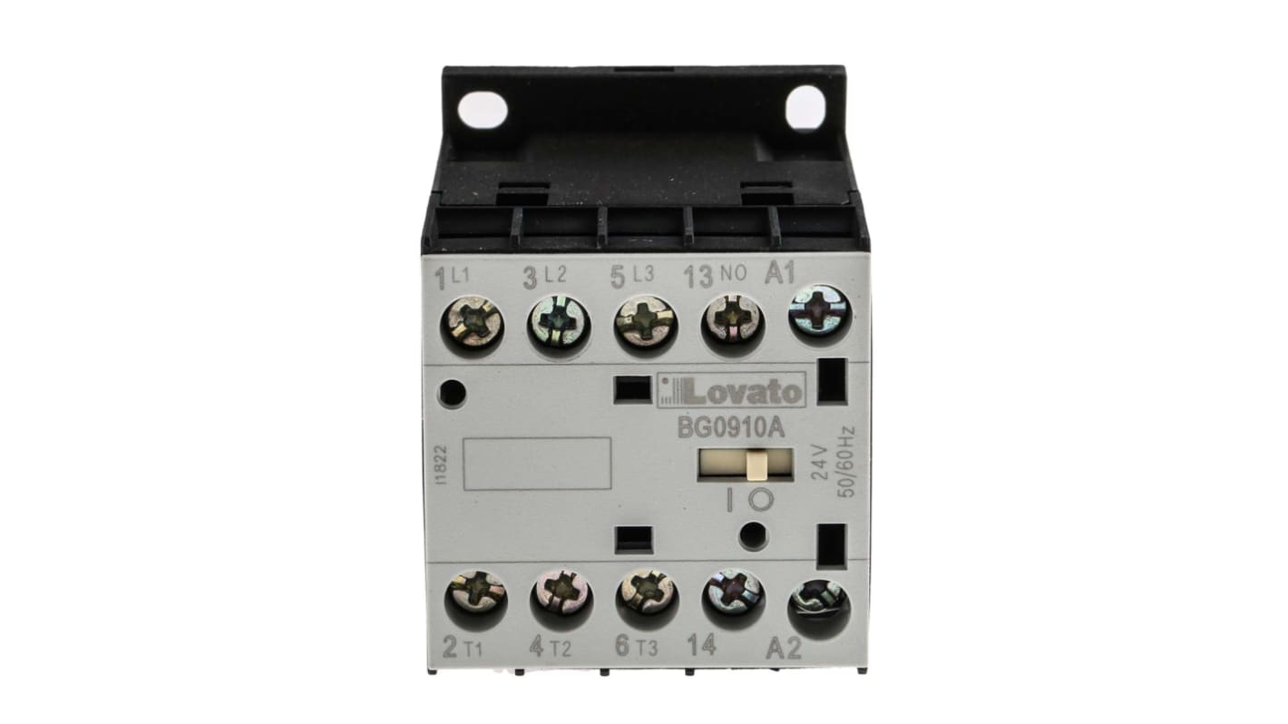Contattore Lovato 11BG0910A024, 3 poli, 9 A, 600 V CA, montaggio su guida DIN, dimensioni 58x44x57 mm, grado di protezione IP20.