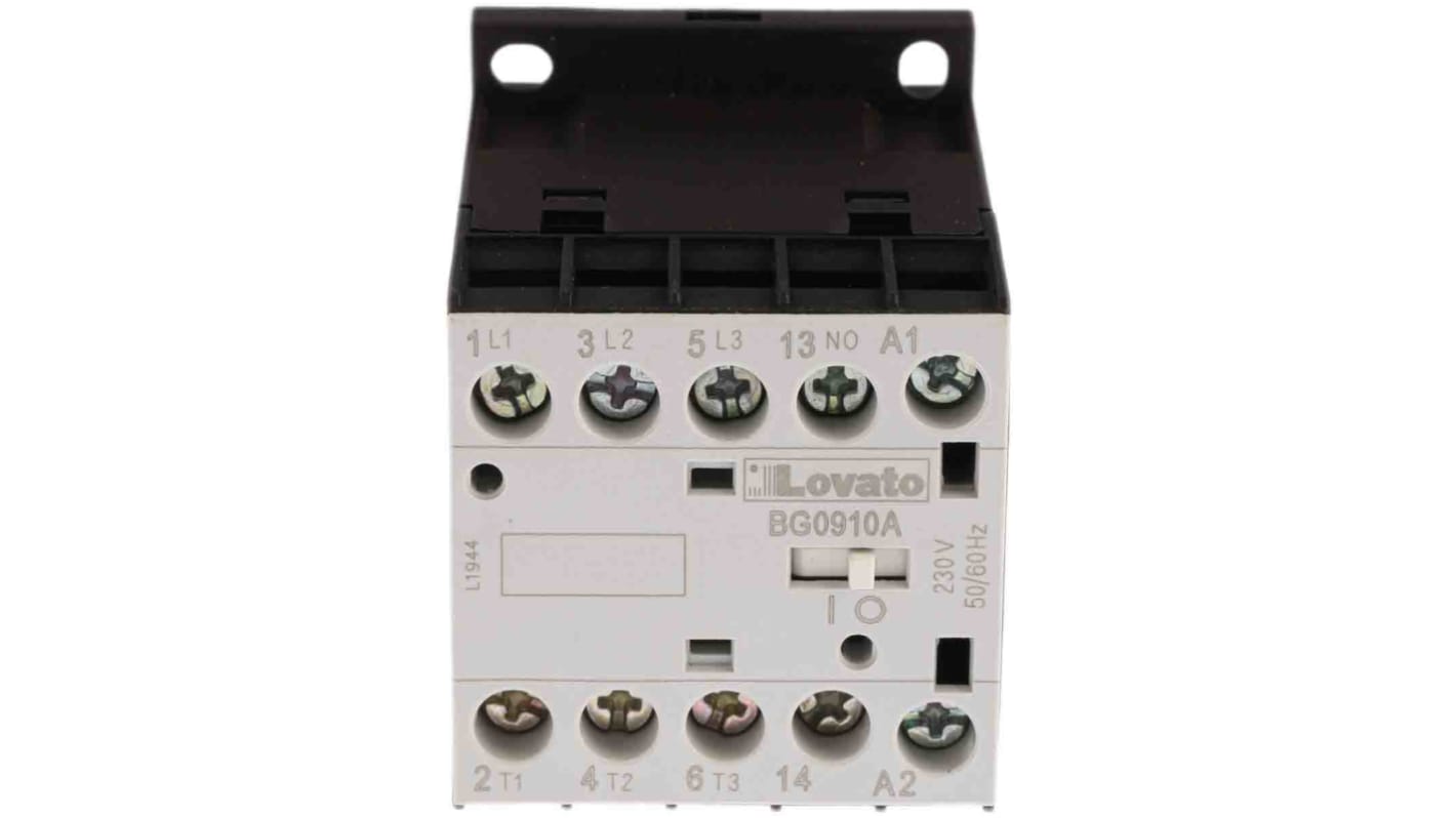Contattore Lovato 11BG0910A230, 3 poli, 9 A, montaggio su guida DIN 35 mm, dimensioni 44x58x57 mm, grado di protezione IP20.