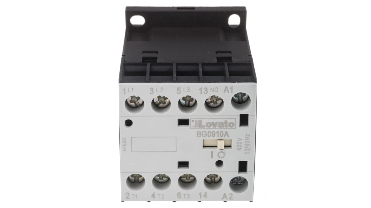 Contattore Lovato 11BG0910A400, 3 poli, 9 A, montaggio su guida DIN, dimensioni 44x58x57 mm, grado di protezione IP20.