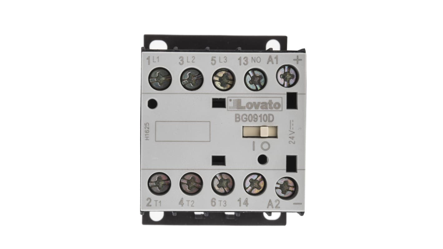 Contattore Lovato 11BG0910D024, 3 poli, 3NO + 1NO, 9 A, bobina 24 V c.c., montaggio su guida DIN 35 mm, dimensioni 44 mm x 58 mm x 57 mm.