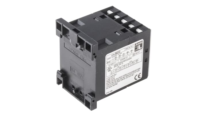 Contattore Lovato 11BG1210D024, 3 poli, 12 A, 24 V c.c., montaggio su guida DIN, dimensioni 44x58x57 mm, IP20.