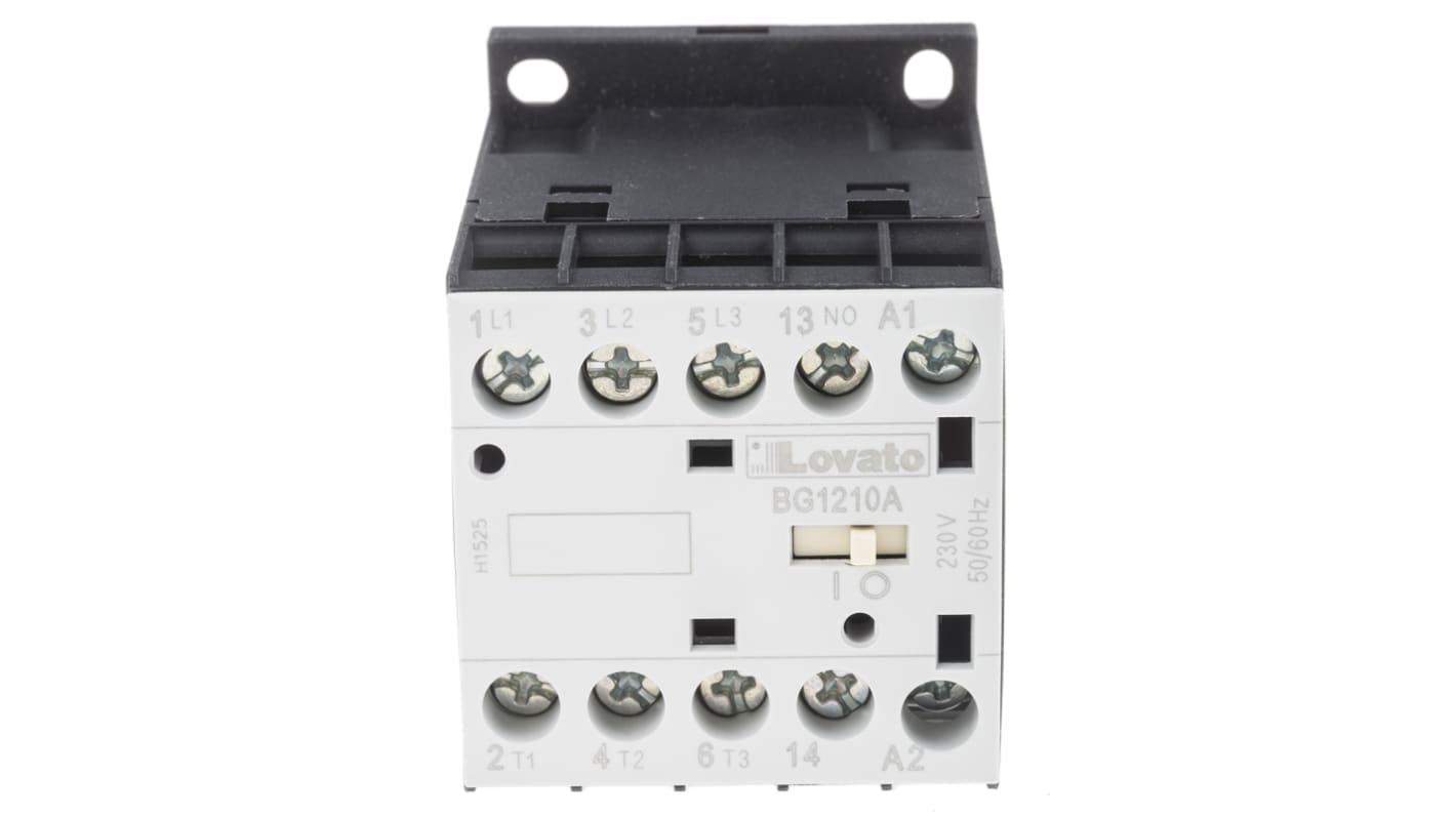 Contattore Lovato 11BG1210A230, 3 poli, 12 A, montaggio su guida DIN 35 mm, dimensioni 58x44x57 mm, protezione IP20.