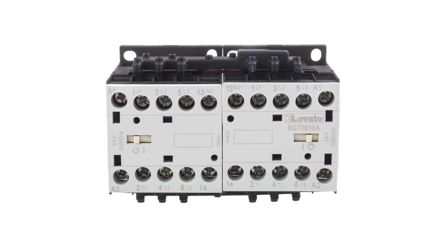 Teleinvertore Reversibile Lovato 11BGT0910A024, 3 poli, 9 A, bobina 24 V c.a., dimensioni 58x88x56 mm.