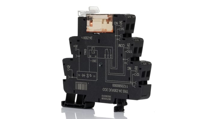 Relè d'interfaccia Weidmüller TRS, DPDT, montaggio su guida DIN, 24-230V, 8A, dimensioni 12.8 x 87.8 x 89.6 mm.