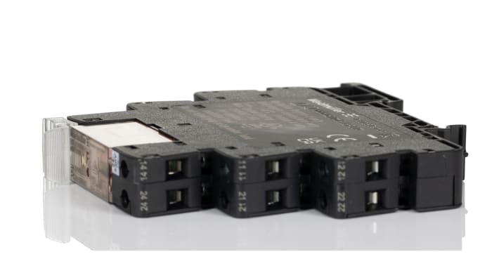 Relè d'interfaccia Weidmüller TRS, DPDT, montaggio su guida DIN, 24-230V, 8A, dimensioni 12.8 x 87.8 x 89.6 mm.