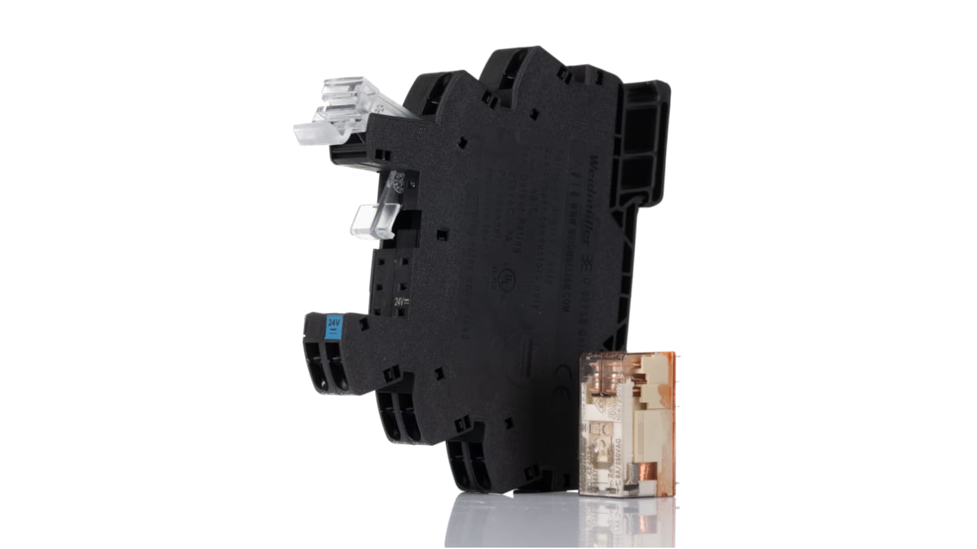 Relè di interfaccia Weidmüller 1123610000 TRZ serie DPDT bobina 24V per automazione. Guida DIN, resistente a temperature estreme. Sicuro e affidabile.