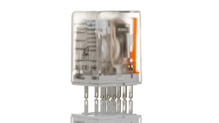 Relè di potenza Weidmüller 4PDT, montaggio a pannello, 24V cc, dimensioni 21.5 x 36 x 28 mm, corrente 5A, temperatura -40/+60°C.