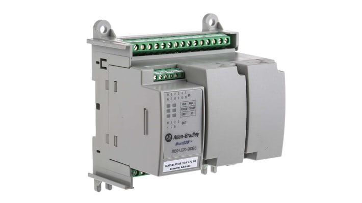Allen Bradley 2080-LC20-20QBB, CPU PLC Micro820, 20 I/O, montaggio su guida DIN, dimensioni 90 x 104 x 75 mm.