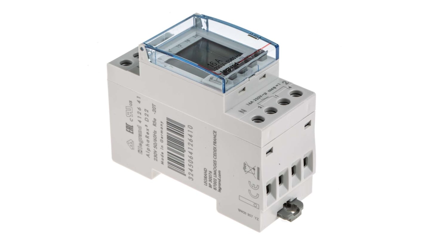 Temporizzatore Legrand 4 126 41 per guida DIN, 230 V, 2 canali, programmabile, montaggio su guida DIN, dimensioni 83 mm x 66 mm.