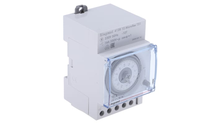 Temporizzatore Legrand 4 128 12 per guida DIN, SPDT, 3 canali, programmabile, 230 V ca, dimensioni 83 mm x 66 mm.