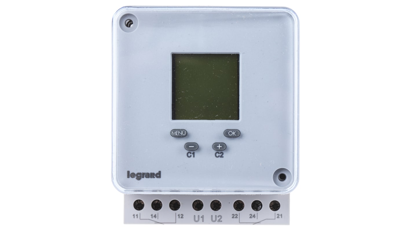 Legrand 0 496 82, temporizzatore digitale DPDT 2 canali, montaggio su guida DIN, dimensioni 72 mm x 44 mm.