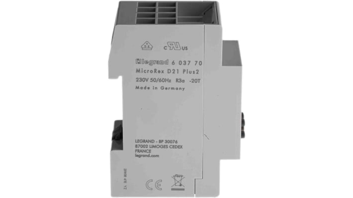 Legrand 6 037 70, temporizzatore SPDT per guida DIN, alimentazione 230 V, montaggio su guida DIN, grado di protezione IP20.