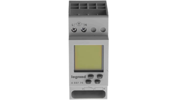Legrand 6 037 70, temporizzatore SPDT per guida DIN, alimentazione 230 V, montaggio su guida DIN, grado di protezione IP20.
