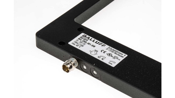 Sensore fotoelettrico rettangolare PNP BALLUFF BGL 220A-001-S49, custodia metallica, IP67, alimentazione 10-30 V cc.