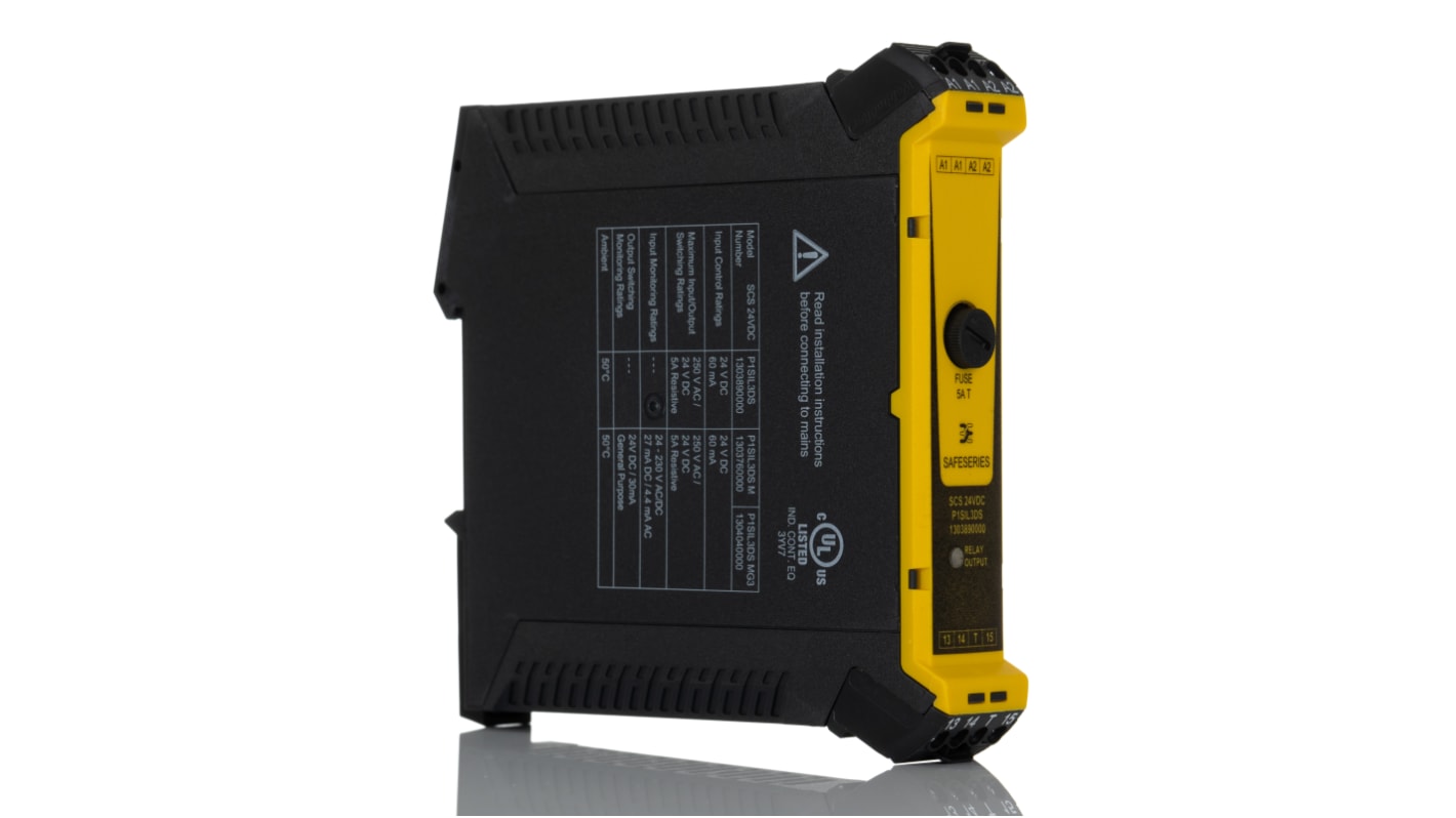 Weidmüller Relè di sicurezza SCS, 24 V CC, montaggio su guida DIN, dimensioni 117,3 x 22,5 x 114 mm, grado di protezione IP20.