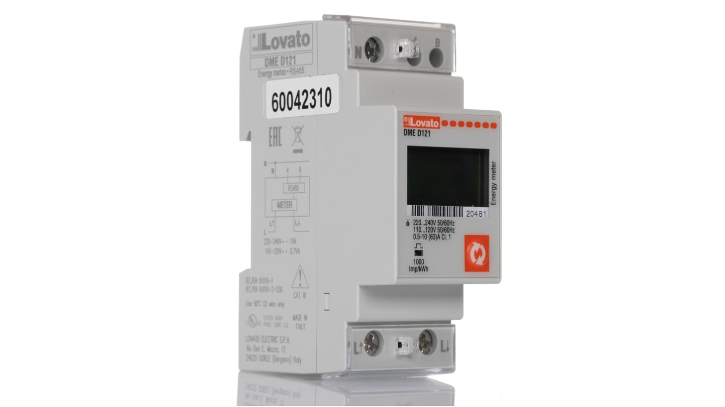 Contatore di energia monofase Lovato DMED121, display LCD 7 cifre, tensione 184-264 V, corrente fino a 63 A, IP40.