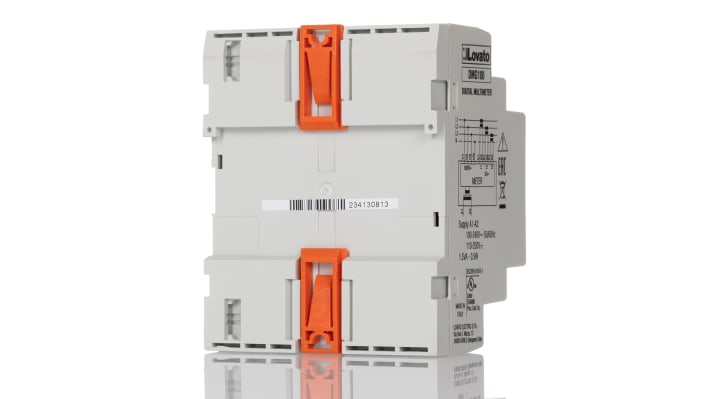 Misuratore digitale Lovato DMG100 per misurazioni trifase, montaggio su guida DIN, display LCD retroilluminato.