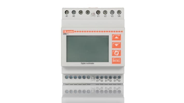 Misuratore digitale Lovato DMG100 per misurazioni trifase, montaggio su guida DIN, display LCD retroilluminato.