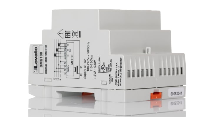 Misuratore digitale Lovato DMG100 per misurazioni trifase, montaggio su guida DIN, display LCD retroilluminato.