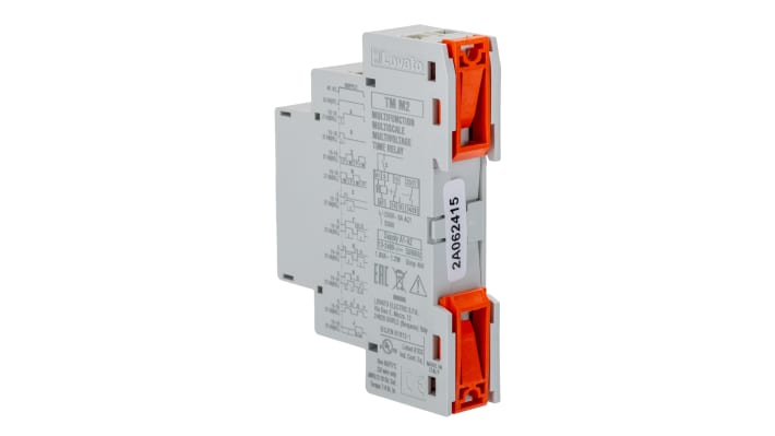 Relè temporizzato Lovato TMM2, 3 poli, montaggio su guida DIN, intervallo 0,1s-10gg, 12-240V, corrente max 8A. Dimensioni 104,7x64,9x17,5 mm.