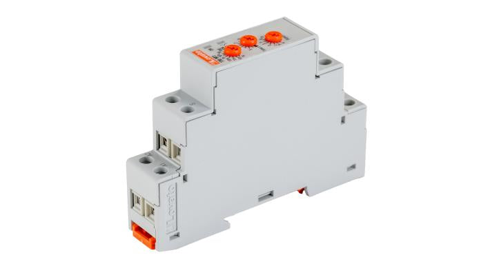 Relè timer Lovato TMM1, SPDT, montaggio su guida DIN, tensione 12-240 V, corrente 8 A, dimensioni 104,7 x 17,5 x 64,9 mm.