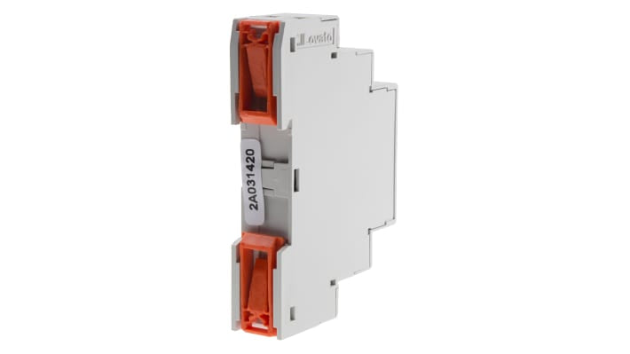 Relè temporizzato Lovato TMD, 2 poli SPDT, montaggio su guida DIN, intervallo 0.06-180s, 24-240V, 5A, dimensioni 104.7x64.9x17.5mm.