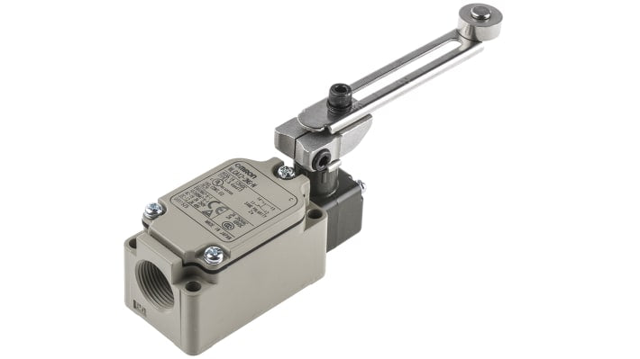 Interruttore di fine corsa Omron WLCA12-2NG-N con leva a rullo, configurazione NO/NC, protezione IP67, dimensioni 40mm x 53.2mm x 94.1mm.