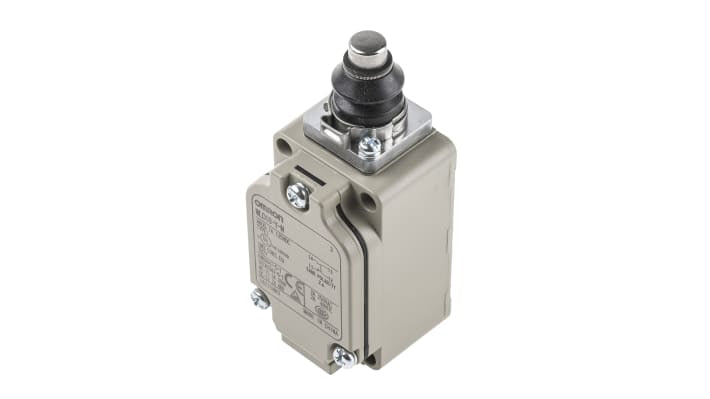Interruttore di fine corsa Omron WLD18-Y-N, stantuffo NO/NC, portata 10A, protezione IP67, montaggio posteriore e anteriore.