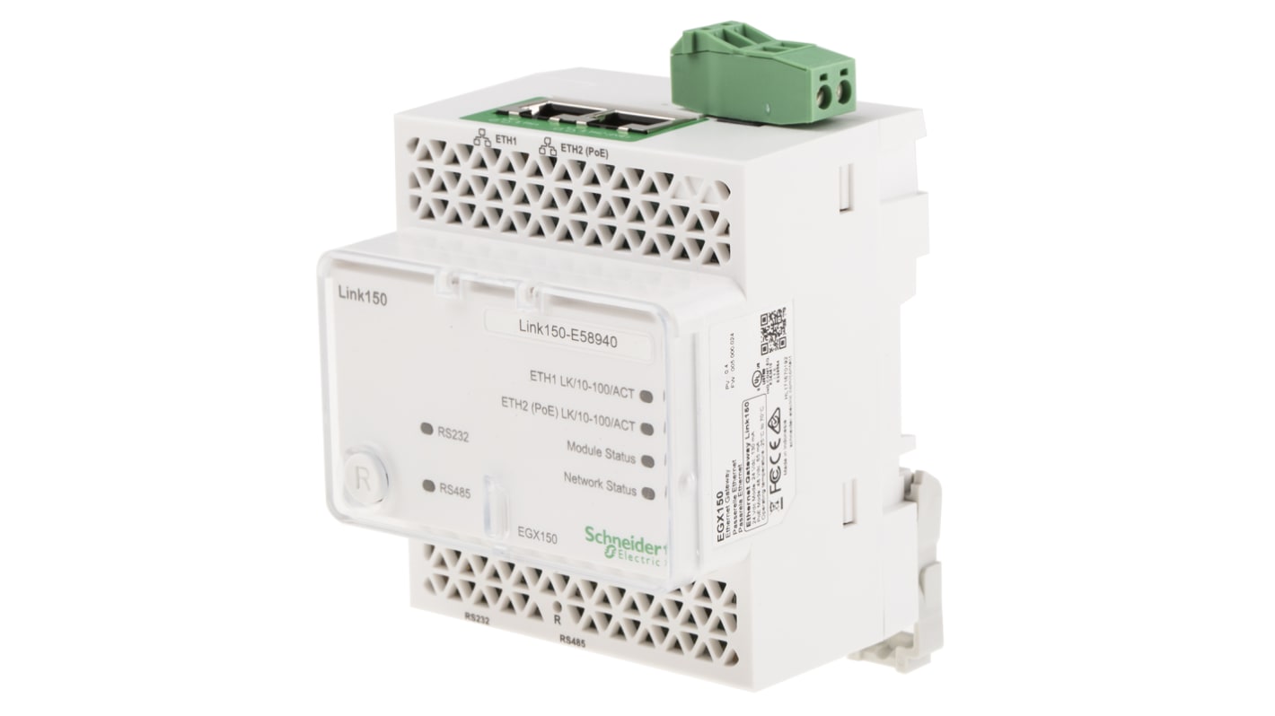 Gateway Ethernet Schneider Electric EGX150, Modbus RS485, montaggio su guida DIN, dimensioni 72 x 105 x 71 mm.