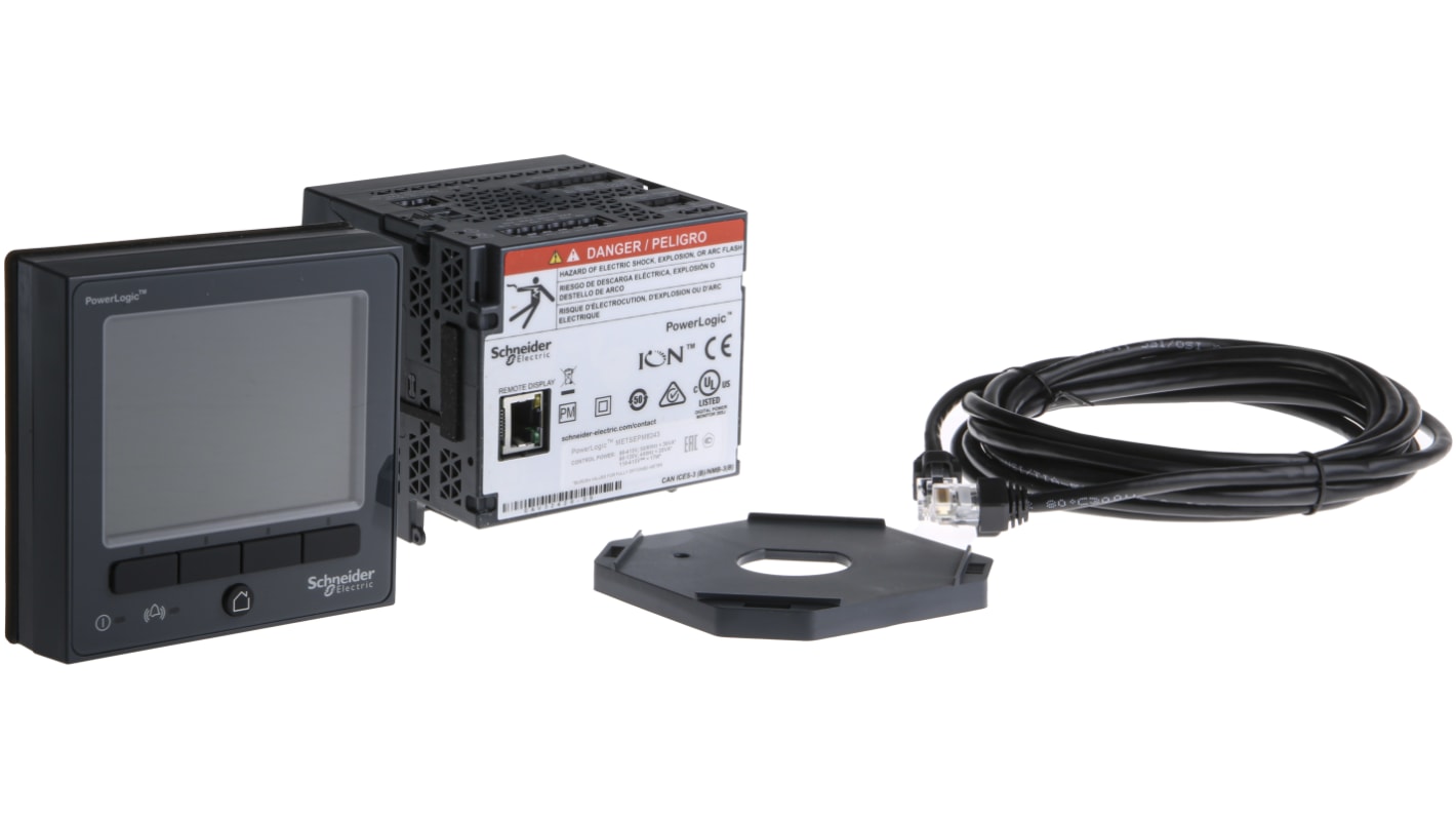 Contatore di energia trifase Schneider Electric METSEPM8244, display LCD, montaggio su guida DIN, precisione ±0,1%.