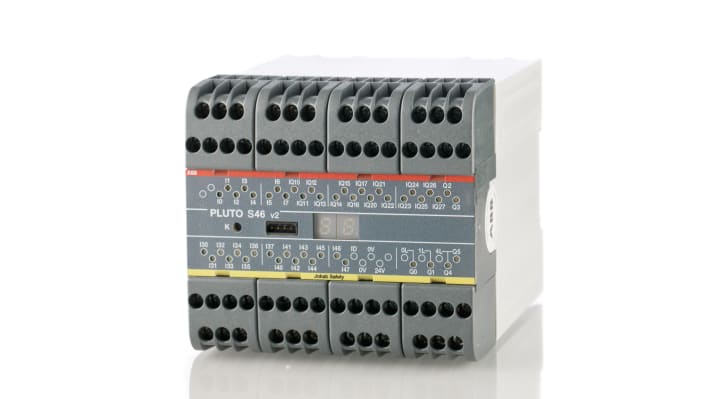 Controller di sicurezza ABB 2TLA020070R1800, 46 I/O, montaggio su guida DIN, dimensioni 90 x 84 x 118 mm, grado di protezione IP20/IP40.