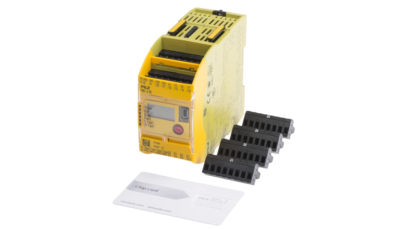Controller di sicurezza Pilz 772100 PNOZmulti 2, 28 I/O, 20 ingressi e 4 uscite, dimensioni 101,4 x 22,5 x 120 mm.