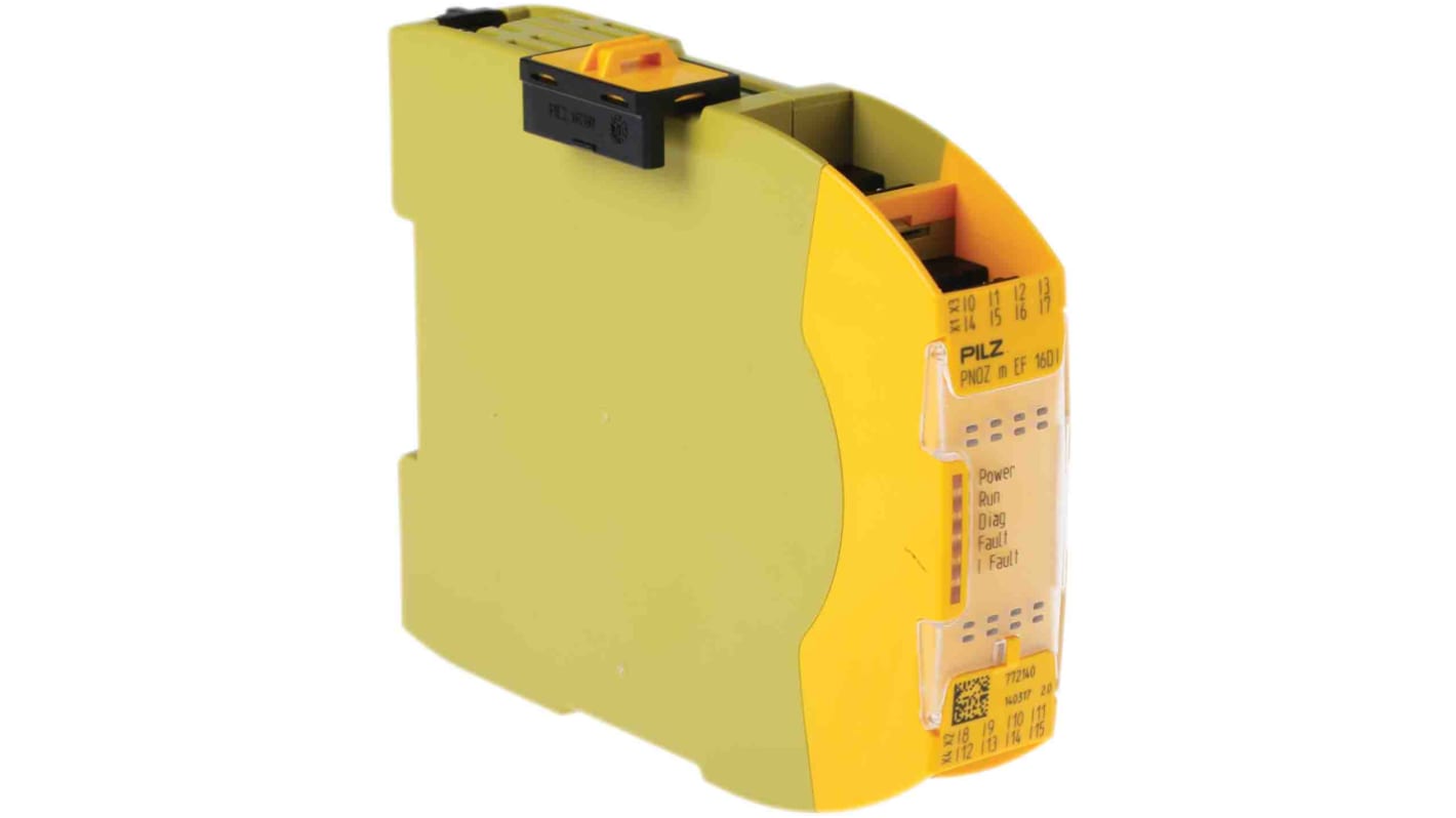 Modulo di ingresso di sicurezza Pilz 772140 PNOZ m EF, 16 ingressi, alimentazione 24 V c.c., montaggio su guida DIN, dimensioni 101,4 x 22,5 x 120 mm.