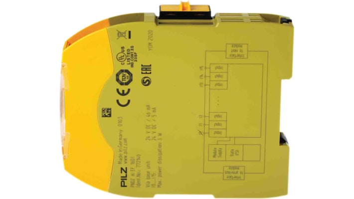 Modulo di ingresso di sicurezza Pilz 772140 PNOZ m EF, 16 ingressi, alimentazione 24 V c.c., montaggio su guida DIN, dimensioni 101,4 x 22,5 x 120 mm.
