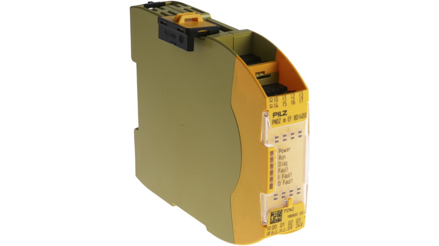 Modulo I/O Pilz 772142, 8 ingressi e 4 uscite relè, montaggio su guida DIN, dimensioni 101,4 x 22,5 x 120 mm.