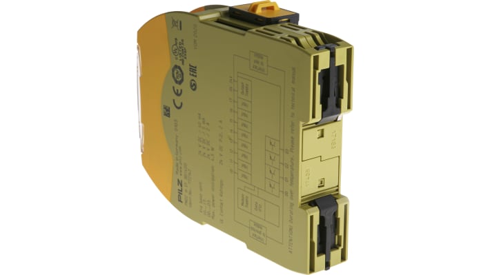 Modulo I/O Pilz 772142, 8 ingressi e 4 uscite relè, montaggio su guida DIN, dimensioni 101,4 x 22,5 x 120 mm.