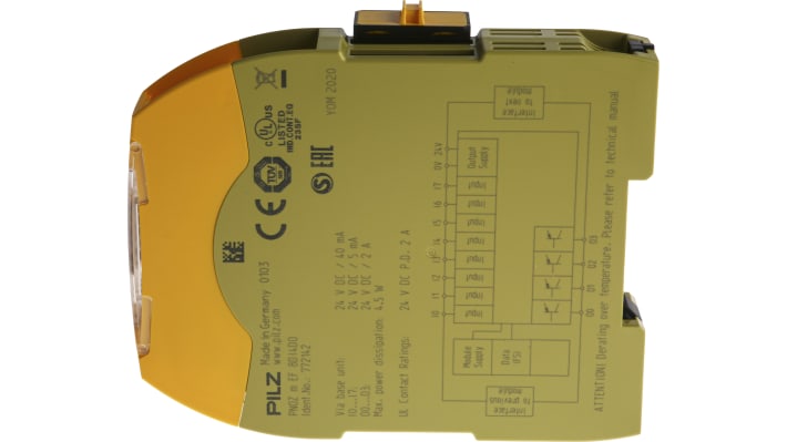Modulo I/O Pilz 772142, 8 ingressi e 4 uscite relè, montaggio su guida DIN, dimensioni 101,4 x 22,5 x 120 mm.