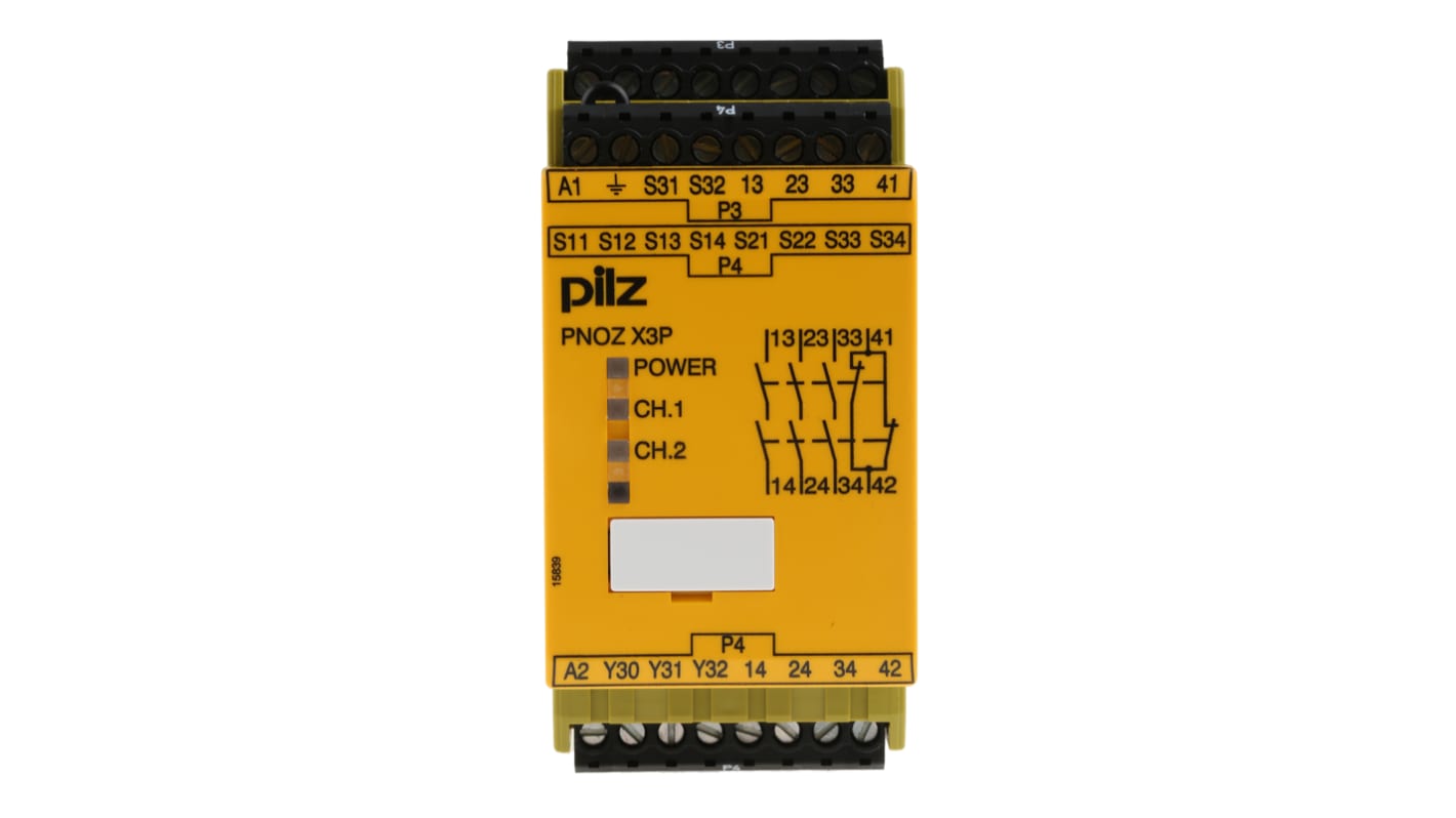 Relè di sicurezza Pilz PNOZ X3P, 2 canali, 24-240V, 3 contatti di sicurezza, montaggio su guida DIN, dimensioni 121x45x94mm.