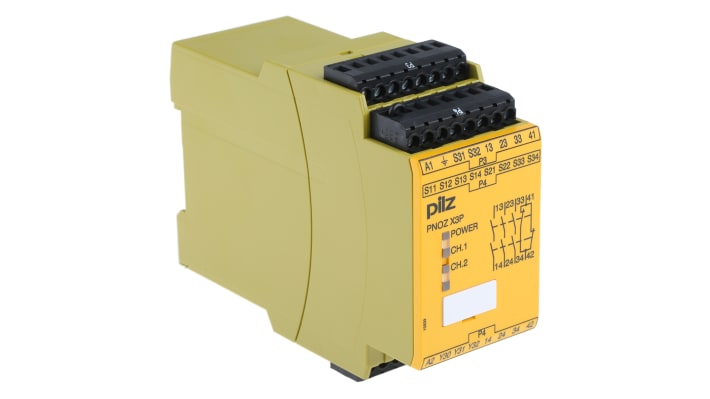 Relè di sicurezza Pilz PNOZ X3P, 2 canali, 24-240V, 3 contatti di sicurezza, montaggio su guida DIN, dimensioni 121x45x94mm.