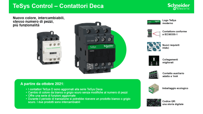 Contattore Schneider Electric LC1DT20BL, 4 poli, 20 A, bobina 24 V c.c., montaggio su guida DIN, dimensioni 45x85x99 mm.