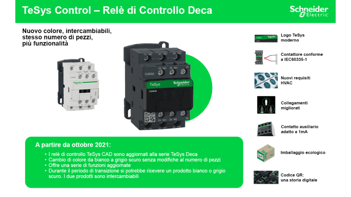 Contattore Schneider Electric CAD323BD, 2 NO + 2 NC, 10 A, 690 V, dimensioni 99x45x95 mm, per automazione industriale.