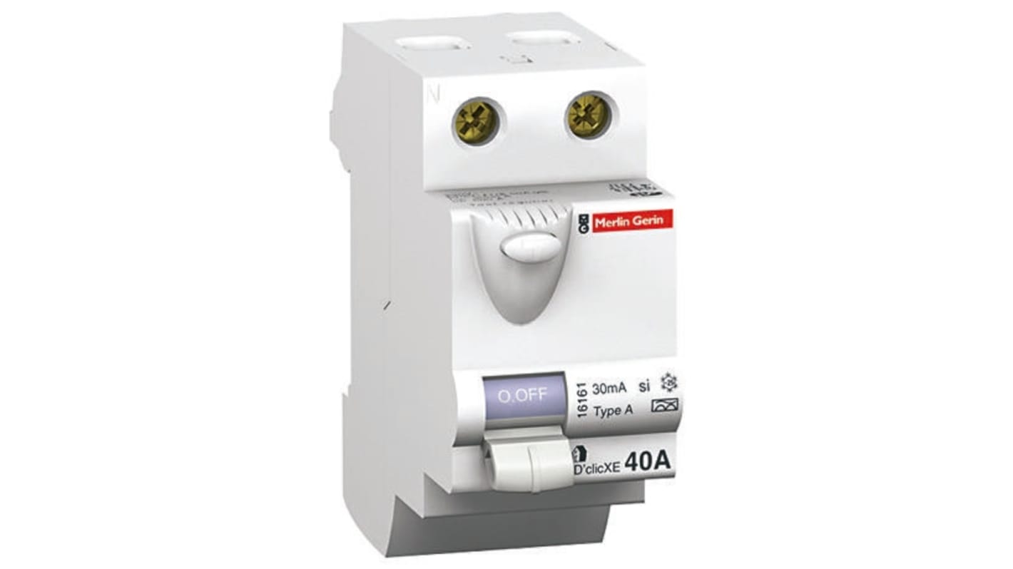 Interruttore differenziale Schneider Electric 16161, 2 poli, 40A, 30mA, Tipo A, per protezione installazioni a 230V.