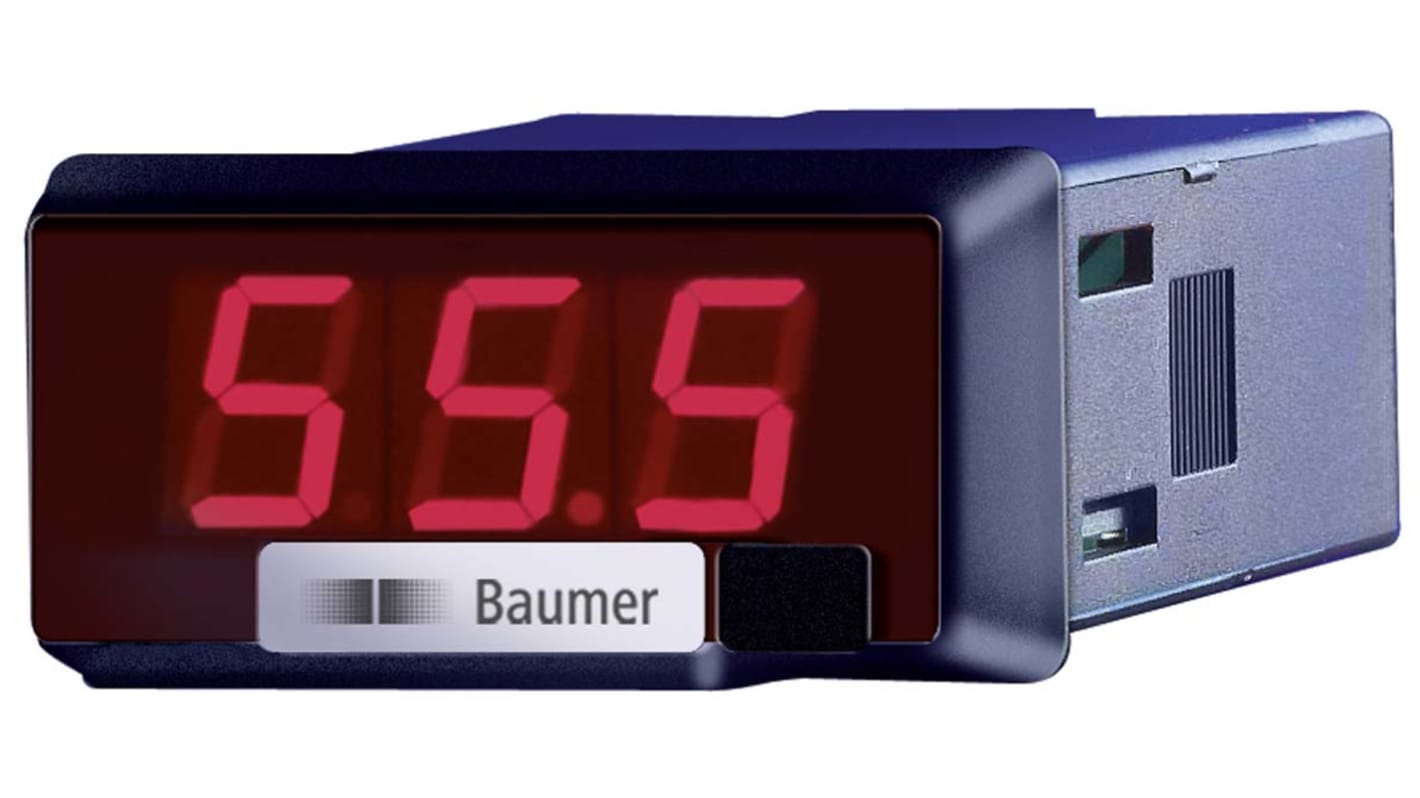 Voltmetro digitale Baumer PA213.009AX01, display LED 3 cifre, alimentato da 8 a 30 V c.c., formato DIN 24 x 48 mm.