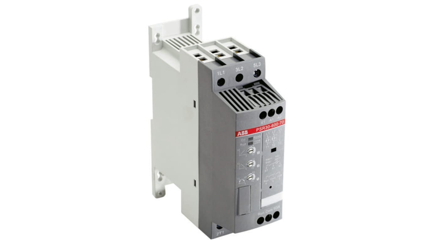 ABB 1SFA896109R1100, avviatore soft-start trifase 18,5 kW, montaggio su guida DIN, dimensioni 45x128x160 mm.