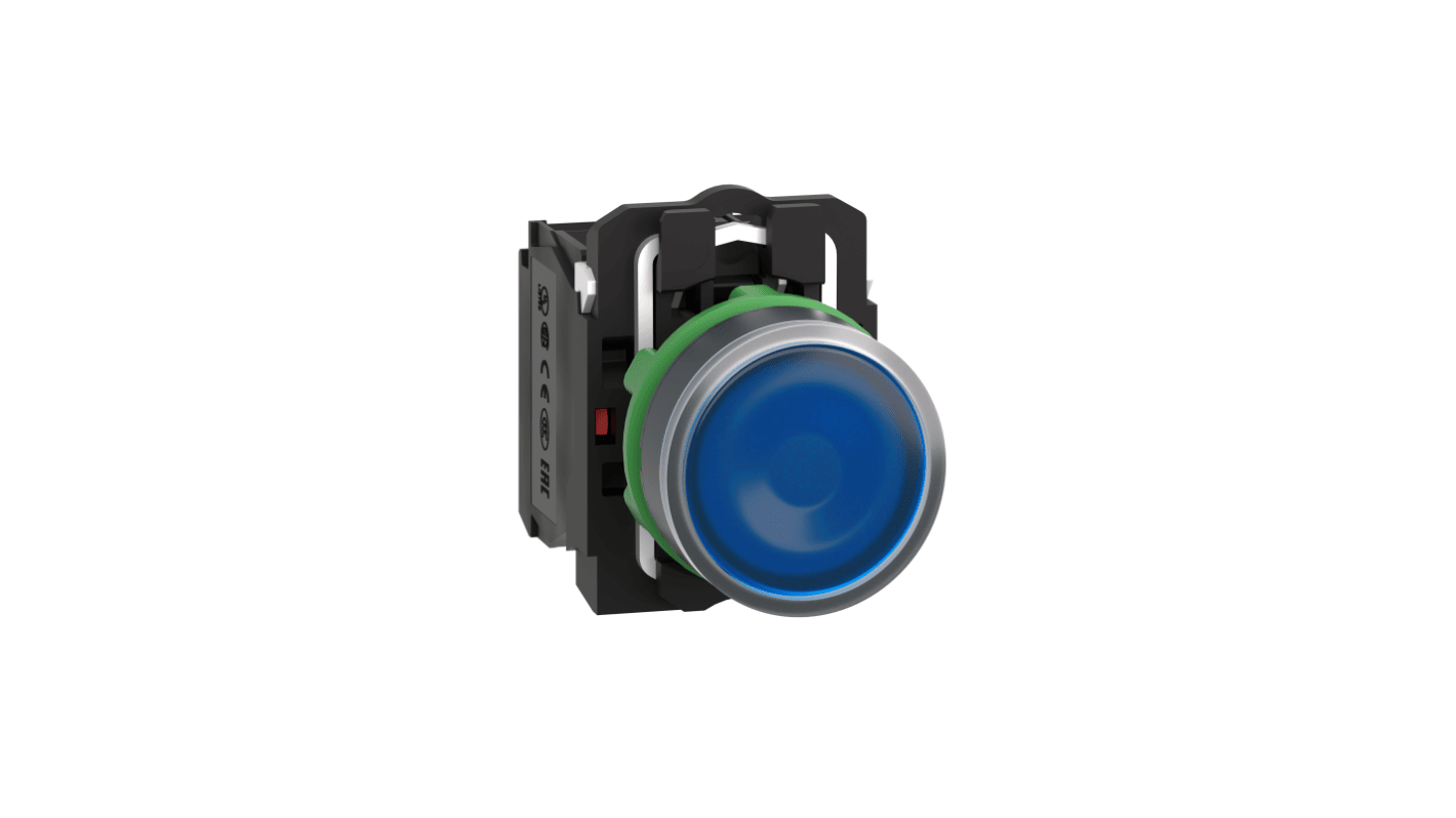 Pulsante luminoso SPDT blu Schneider Electric, montaggio a pannello, diametro 22 mm, grado di protezione IP67.