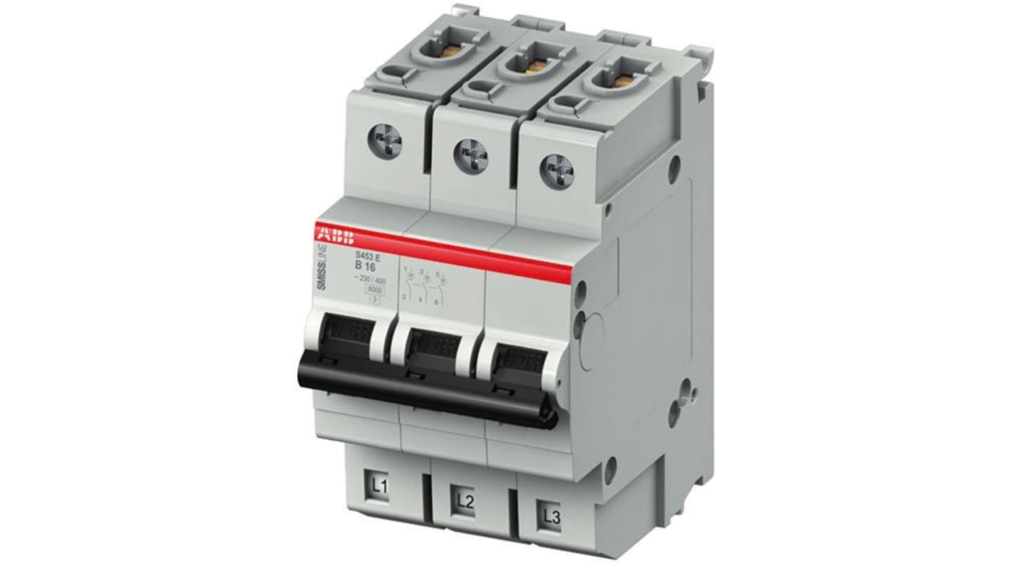 Interruttore magnetotermico ABB 3P 32A, Tipo B, montaggio su guida DIN, larghezza 54 mm, capacità di rottura 6 kA.